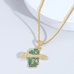 Hiphop gold money stack pendant with wings and green crystals on box chain