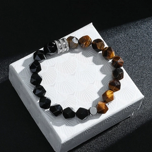 Bracelet Minimaliste pour Hommes en Perles d'Œil de Tigre et Obsidienne Facettées Pierre Naturelle Élastique Bijoux Strass