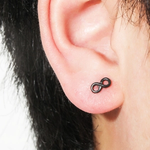 Black infinity symbol stud earring in matte finish for men, stainless steel screw back jewelry