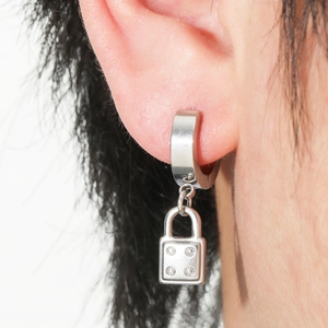 Punk style stainless steel hoop earrings featuring a polished silver padlock pendant charm