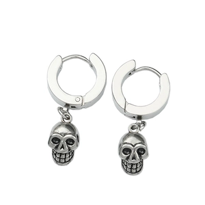 Retro silver skull drop earrings with hoops in vintage gothic hip hop style for night clubs