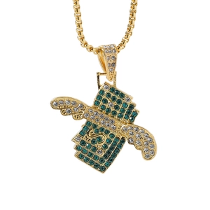 Hip hop gold dollar bill pendant necklace with green crystals and angel wings