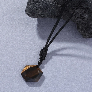Brown tiger eye hexagram pendant necklace with adjustable black braided cord strap