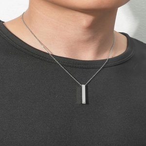 Men's minimalist rectangle bar necklace in polished steel with small round crystal accent