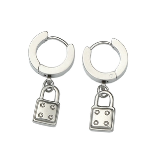 Silver stainless steel lock pendant hoop earrings with minimalist industrial design