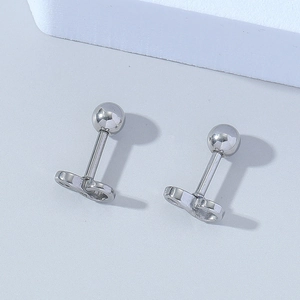 Detailed macro view of silver infinity symbol stud earrings with secure screw back closure