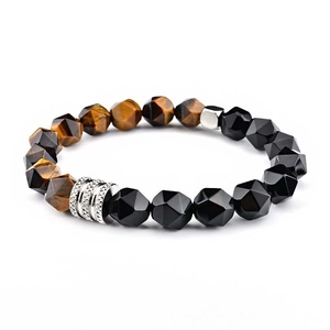 Bracelet en perles d'œil de tigre marron facetté et pierres noires avec acier