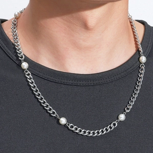 Collana hip hop da uomo in acciaio al titanio con perle e catena cubana argento lucido
