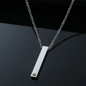 Minimalist Stainless Steel Rectangle Pendant Necklace For Men Women Polished Geometric Bar Rhinestone Inlaid Fashion Jewelry