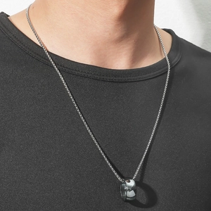 Minimalist silver men's ring necklace with polished metal circle pendant on chain