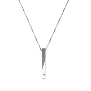 Minimalist silver stainless steel bar pendant necklace with cubic zirconia stone inlay