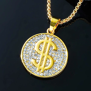 Collana hip-hop con ciondolo a forma di dollaro d'oro e zirconi su catena tonda