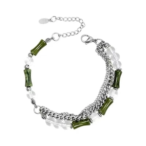 Bamboo-style green bead and silver layered chain bracelet with adjustable clasp