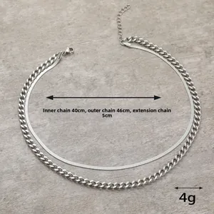 Detail showing double layer snake and cuban chain length specs in silver titanium steel