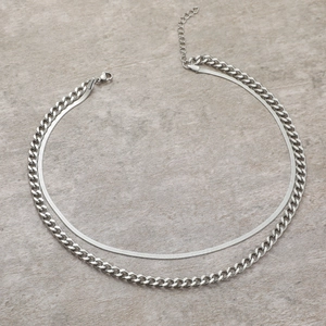Double-layered silver titanium steel necklace featuring a flat snake chain and curb chain