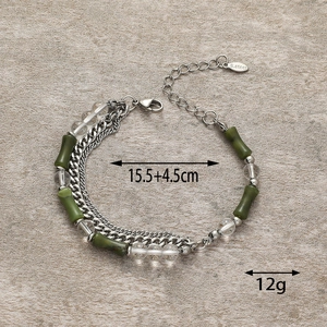 Detail of stainless steel green bamboo bead bracelet with 15.5+4.5cm length and 12g weight