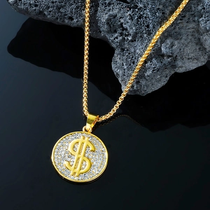 Collana con Pendente Segno del Dollaro Hip Hop per Uomo Donna Oro Argento Galvanizzato Strass Iced Out Simbolo Soldi Gioielli