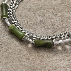 Bamboo style green beaded silver chain bracelet with white crystal beads in retro design
