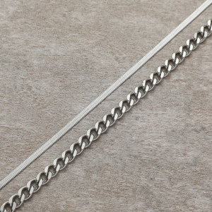 Double-layered silver titanium steel necklace with flat snake chain and thick Cuban links