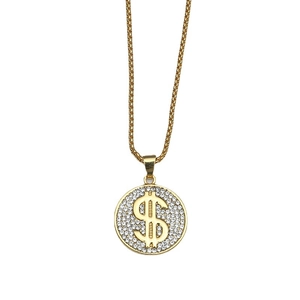 Collana hip hop color oro con ciondolo segno del dollaro e strass su catena spessa