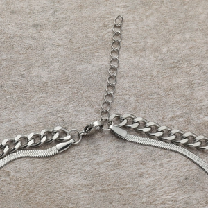 Close-up of silver titanium steel layered necklace with flat snake chain and lobster clasp