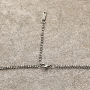 Détail du fermoir mousqueton et de la chaîne réglable sur collier en acier avec poinçon S.Steel