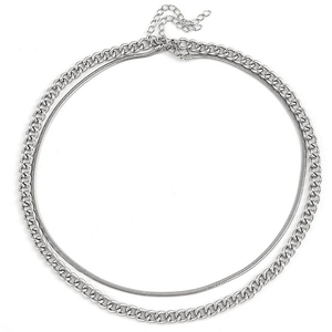 Minimalist double layer silver snake and curb chain necklace with adjustable lobster clasp