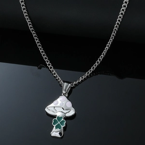 Cute Mushroom Four Leaf Clover Pendant Necklace Alloy Silver Tone Chain Pastoral Style Fashion Jewelry For Women Men