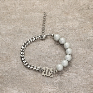 Gothic Letter Pendant Bracelet Stainless Steel Curb Chain Grey Imitation Artificial Pearl Spliced Trendy Punk Hip Hop Jewelry