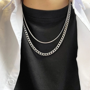 Minimalist double layered silver snake and cuban link chain necklace for women and men