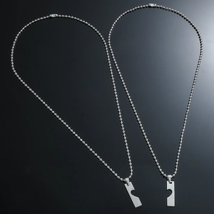 Minimalist stainless steel couple necklaces with polished puzzle heart pendants on bead chains