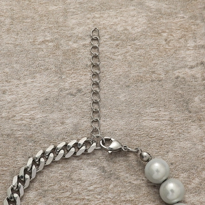 Silver Cuban chain and pearl bracelet with letter M charm and adjustable lobster clasp