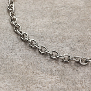 Close-up of polished silver titanium steel chain links with a bright metallic luster
