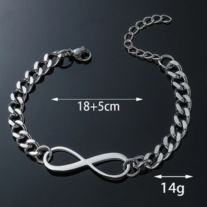 Macro detail of infinity symbol curb chain bracelet with 18 plus 5cm length and 14g weight