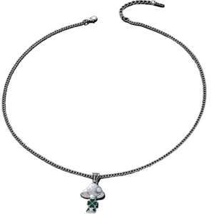 Minimalist silver mushroom pendant necklace with a green lucky clover on a fine chain