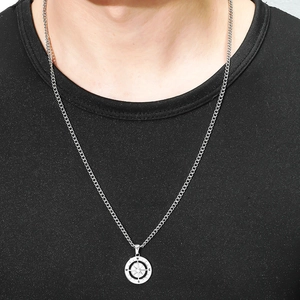 Silver vintage compass pendant necklace for men featuring north east south west markers