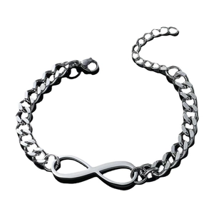 Titanium steel infinity symbol bracelet with polished Cuban chain on white background