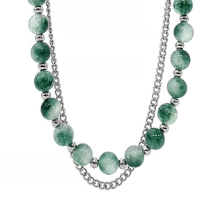 Double-layered necklace with green agate beads and titanium steel silver chain