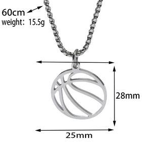 Silver basketball pendant dimensions and chain length details for the stainless steel necklace