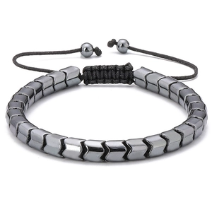 Handmade hematite beaded bracelet with V-shaped stone charms and adjustable cord