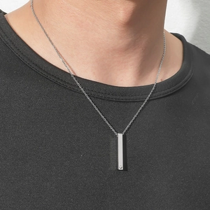 Minimalist silver stainless steel pillar pendant necklace with cubic zirconia for men