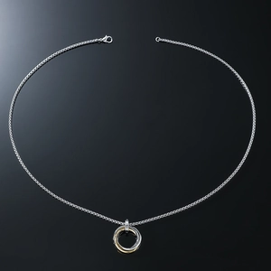 Detail of three-ring interlocking pendant with micro-pave diamonds on a metal chain