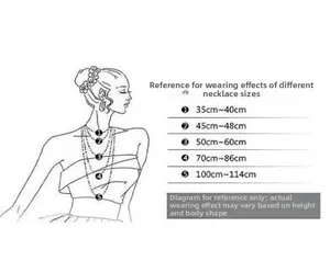 Size guide showing necklace length options from 35cm to 114cm on a female silhouette