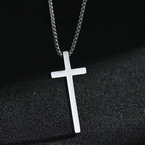 Minimalist Stainless Steel Cross Pendant Necklace For Men Women Unisex Long Sweater Chain Jewelry Simple Silver Tone Accessory
