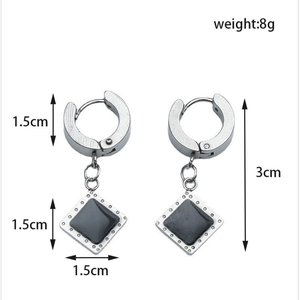 Detail view of retro geometric square earrings with silver frame and size specifications