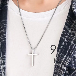 Minimalist silver titanium steel cross pendant necklace with a classic pearl chain for unisex