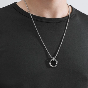 Men's silver trinity interlocking triple ring pendant necklace on a black chain