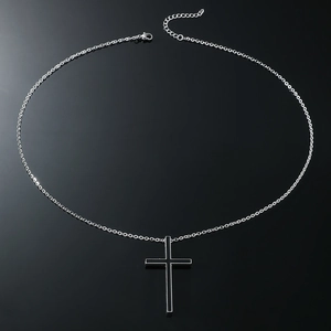 Punk style cross pendant necklace for men with black enamel and silver metal chain link