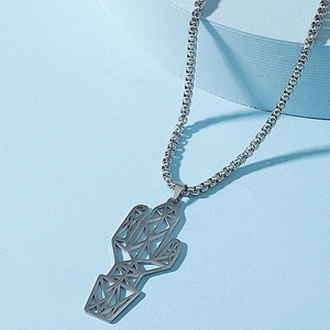 Modern geometric cactus pendant necklace in silver stainless steel on blue background
