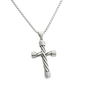 Retro stainless steel cross pendant necklace with twisted rope design on box chain